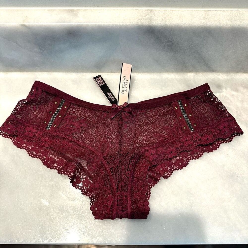 NWT Victoria's Secret Sheer Mesh Lace Trim Very Sexy Cheeky Panty Maroon Small